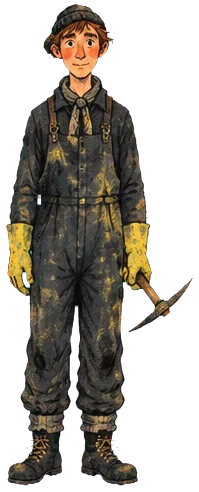 Hallur, penambang belerang muda bersarung tangan kuning dengan beliung pendek.