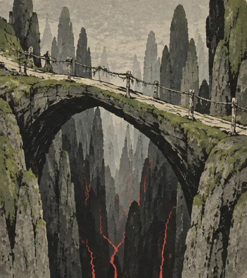 Jembatan batu alam di atas jurang dengan retakan merah di dasarnya.