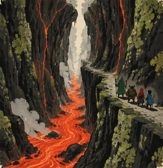 Lorong sempit dengan sungai lava menyala di samping jalan setapak.